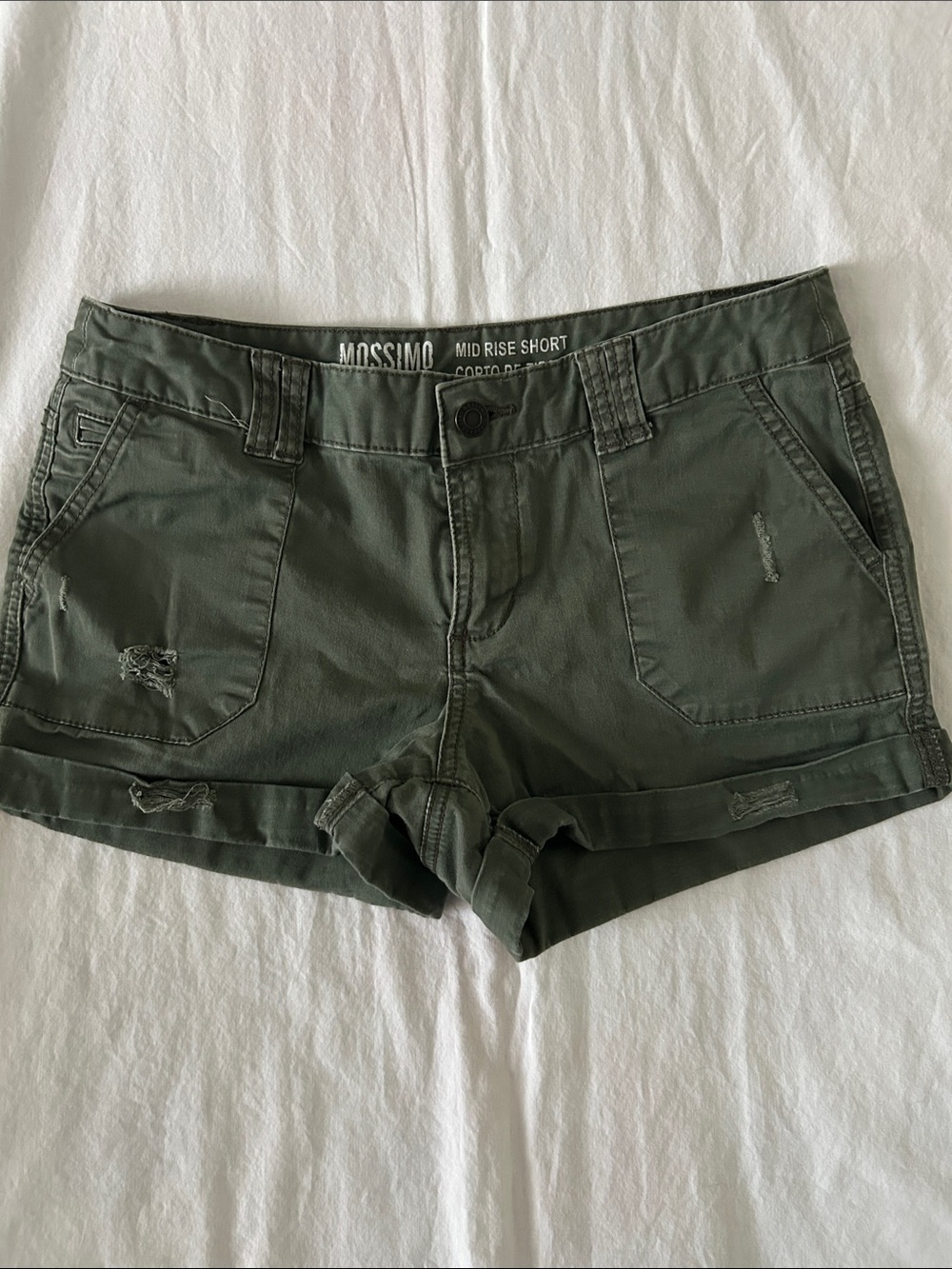 Mossimo Supply Co. Olive Green Mid-Rise Distressed Women's Jean Shorts